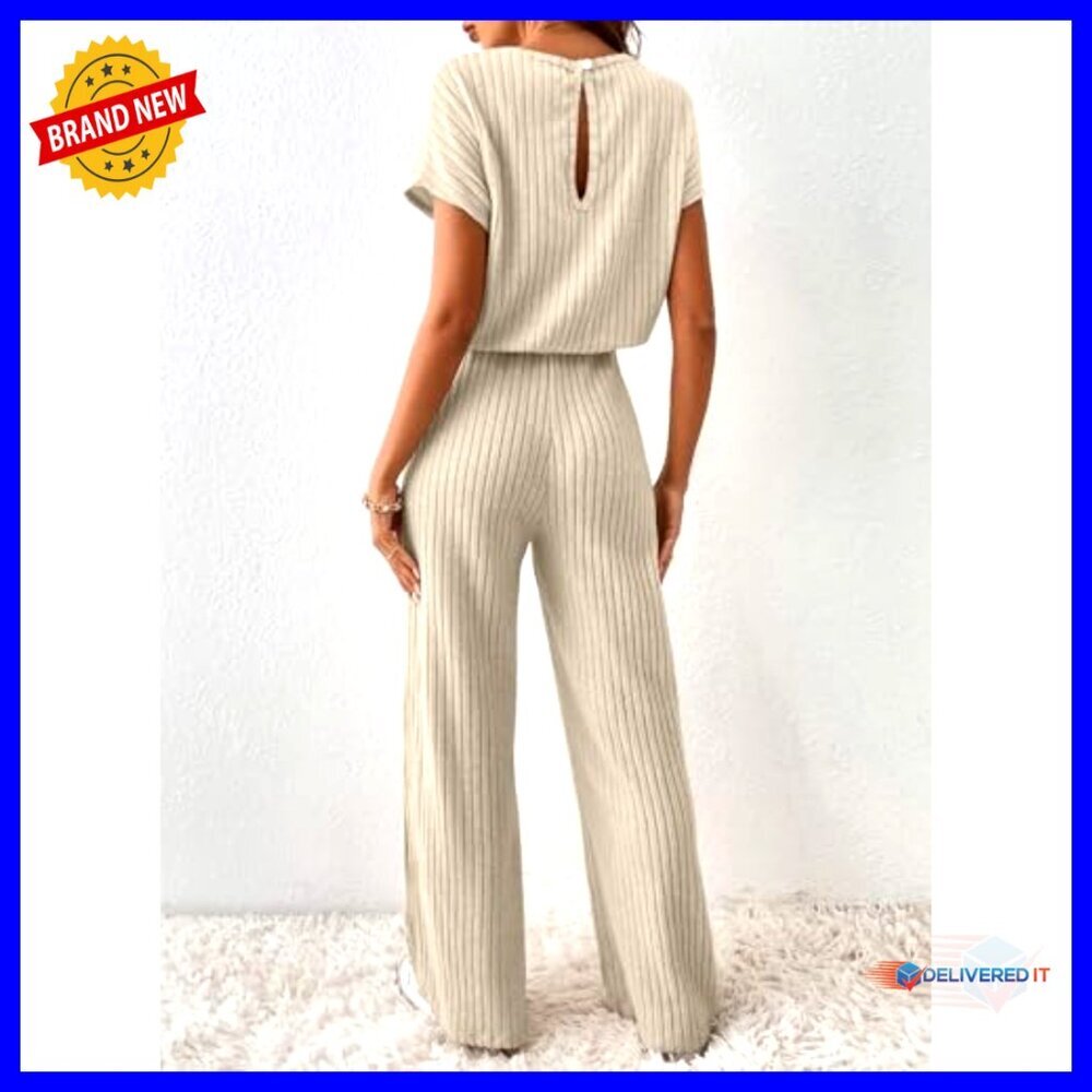 Ribbed Crewneck Jumpsuit Wide Leg Stretchy Casual Chic Loose Fit Romper - Picture 2 of 7
